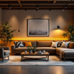 A photograph of a stylish living room featuring modern track lighting that highlights energy-efficient design elements