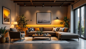A photograph of a stylish living room featuring modern track lighting that highlights energy-efficient design elements
