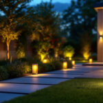A photograph of a beautifully illuminated outdoor space featuring exterior can lights