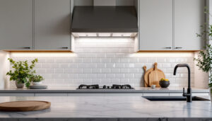 A photograph of a well-designed kitchen with stylish under cabinet lighting illuminating the countertops