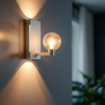A photograph of a stylish wall lamp fixture installed in a modern interior setting