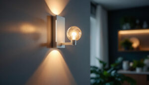 A photograph of a stylish wall lamp fixture installed in a modern interior setting