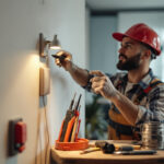 A photograph of a skilled lighting contractor demonstrating the installation of a stylish switch and outlet in a modern home setting