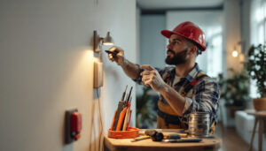 A photograph of a skilled lighting contractor demonstrating the installation of a stylish switch and outlet in a modern home setting