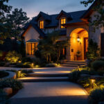 A photograph of a beautifully illuminated outdoor space featuring strategically placed house spotlights that highlight architectural features
