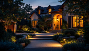 A photograph of a beautifully illuminated outdoor space featuring strategically placed house spotlights that highlight architectural features