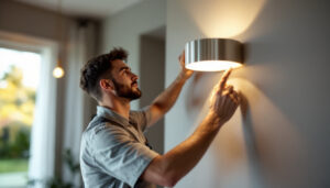 A photograph of a lighting contractor installing a stylish led sconce in a modern interior space