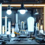 A photograph of a well-lit workspace featuring various sizes of fluorescent lamps arranged aesthetically