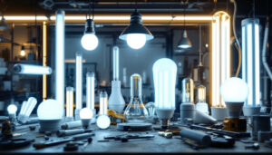 A photograph of a well-lit workspace featuring various sizes of fluorescent lamps arranged aesthetically