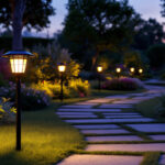 A photograph of a beautifully landscaped garden at dusk