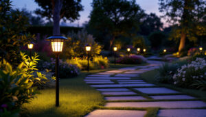 A photograph of a beautifully landscaped garden at dusk