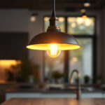 A photograph of a stylish pull-down pendant light fixture in a well-lit