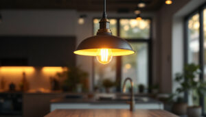 A photograph of a stylish pull-down pendant light fixture in a well-lit