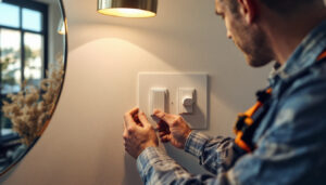 A photograph of a skilled lighting contractor installing paddle switches in a modern home setting