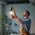 A photograph of a lighting contractor expertly installing a modern lighting fixture in a well-lit