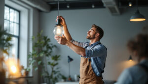 A photograph of a lighting contractor expertly installing a modern lighting fixture in a well-lit