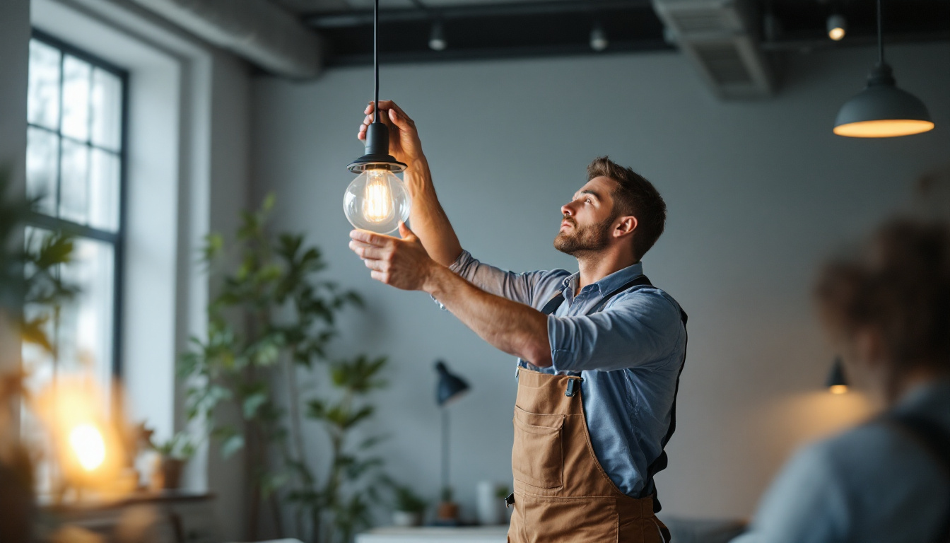 A photograph of a lighting contractor expertly installing a modern lighting fixture in a well-lit