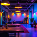 A photograph of a dynamic lighting installation in a commercial space