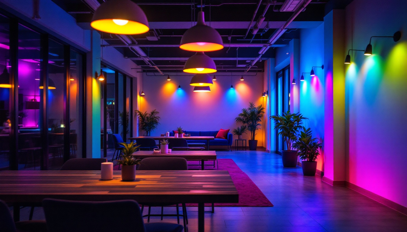 A photograph of a dynamic lighting installation in a commercial space