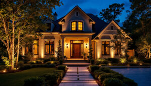 A photograph of a beautifully illuminated house exterior at dusk