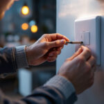 A photograph of a skilled lighting contractor installing a modern switch outlet in a stylish interior setting