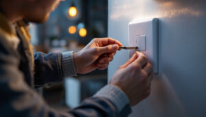 A photograph of a skilled lighting contractor installing a modern switch outlet in a stylish interior setting