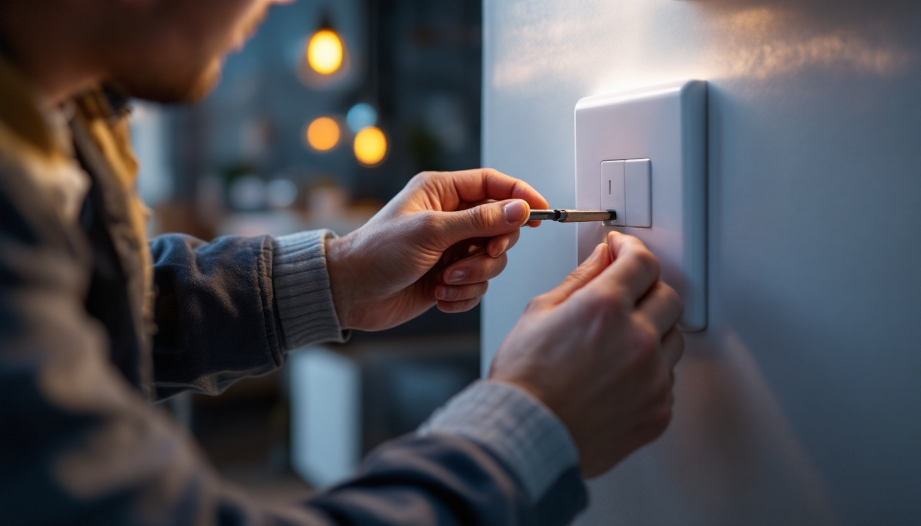 A photograph of a skilled lighting contractor installing a modern switch outlet in a stylish interior setting