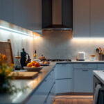 A photograph of a beautifully illuminated kitchen featuring under-cabinet lighting