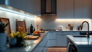 A photograph of a beautifully illuminated kitchen featuring under-cabinet lighting