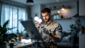 A photograph of a smart lighting contractor at work