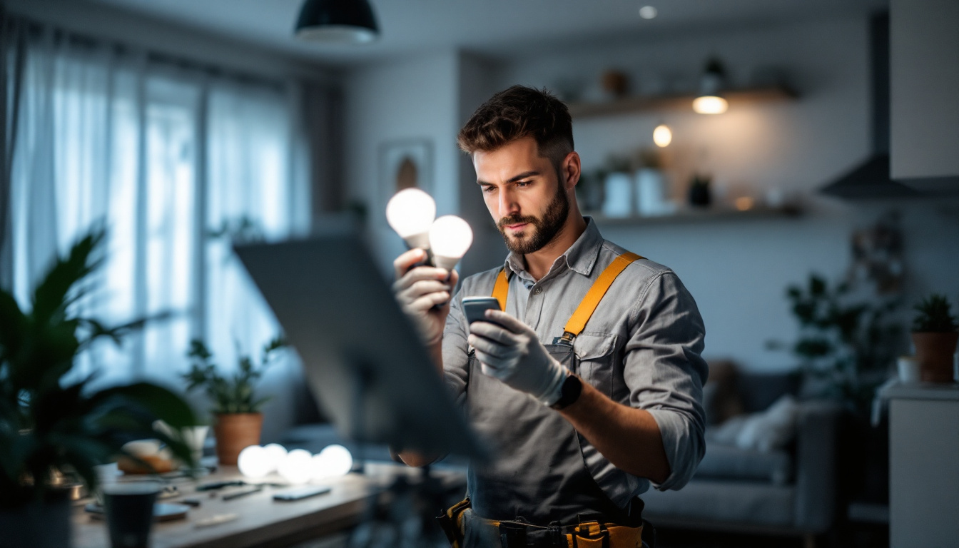 A photograph of a smart lighting contractor at work