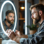 A photograph of a lighting contractor examining a stylish mirror with integrated led lighting in a well-lit space