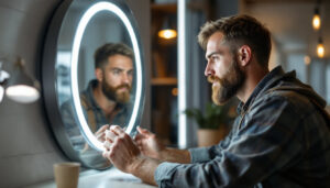 A photograph of a lighting contractor examining a stylish mirror with integrated led lighting in a well-lit space