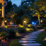 A photograph of a beautifully illuminated outdoor space featuring various styles of solar landscape lights in a garden setting
