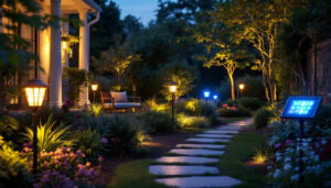 A photograph of a beautifully illuminated outdoor space featuring various styles of solar landscape lights in a garden setting