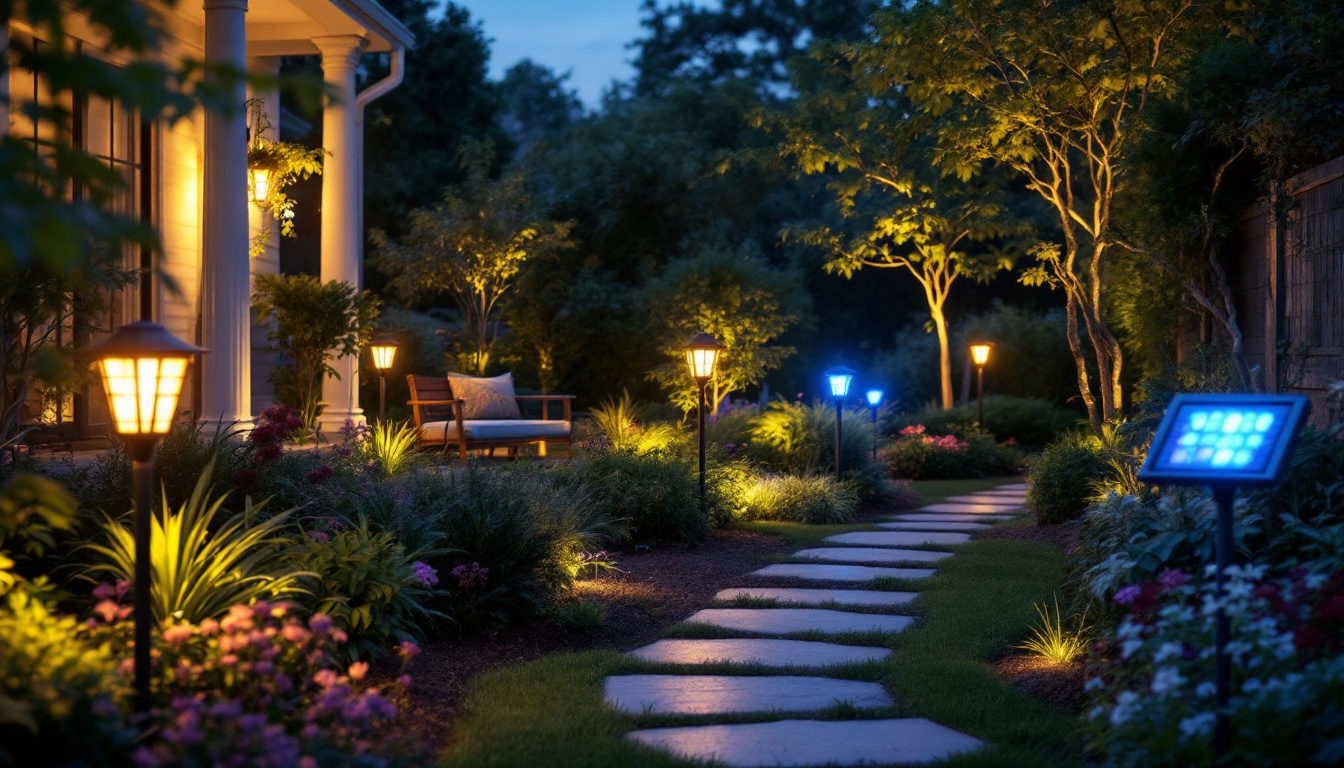 A photograph of a beautifully illuminated outdoor space featuring various styles of solar landscape lights in a garden setting