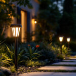A photograph of a beautifully illuminated outdoor space featuring gama sonic solar lights installed in a landscaped garden or pathway