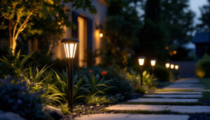 A photograph of a beautifully illuminated outdoor space featuring gama sonic solar lights installed in a landscaped garden or pathway
