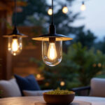 A photograph of a stylish hanging patio lamp illuminated in a cozy outdoor setting