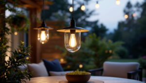 A photograph of a stylish hanging patio lamp illuminated in a cozy outdoor setting