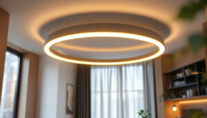A photograph of a modern circular ceiling light installed in a stylish