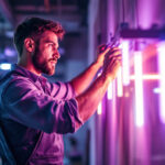 A photograph of a skilled lighting contractor expertly installing or adjusting a series of illuminated tubes in a modern workspace
