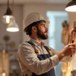 A photograph of a skilled lighting contractor examining various light fixtures and installation techniques in a well-lit space