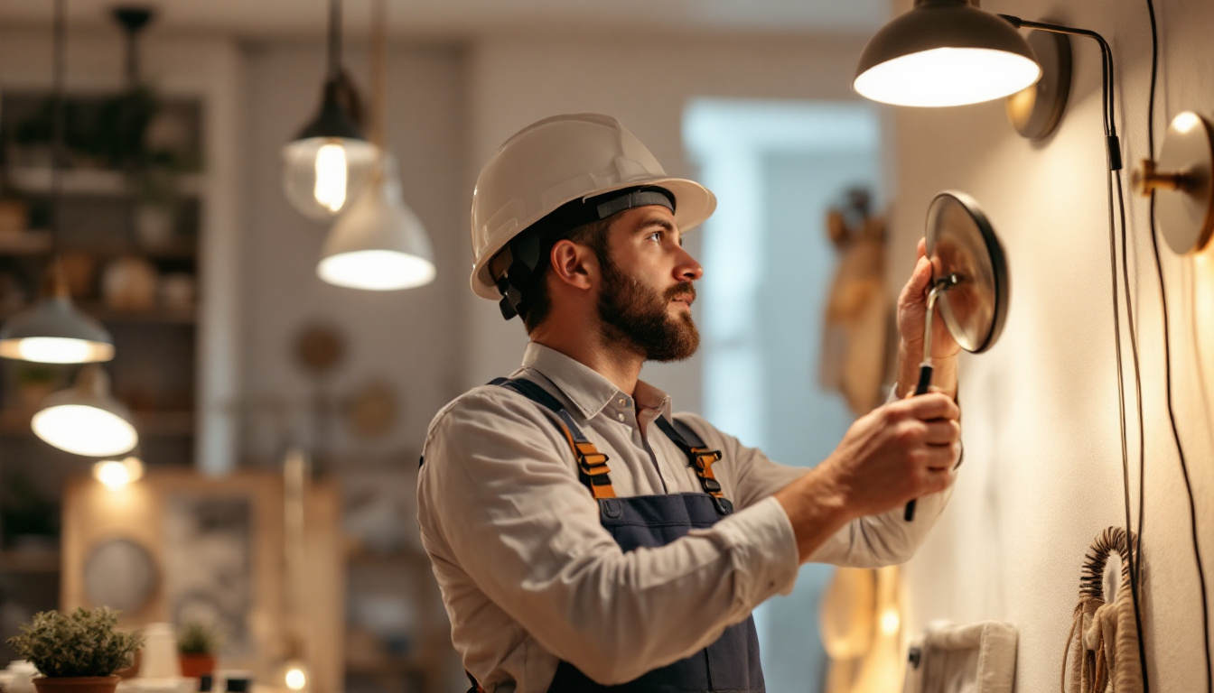 A photograph of a skilled lighting contractor examining various light fixtures and installation techniques in a well-lit space