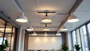 A photograph of a well-lit commercial space featuring a modern drop ceiling