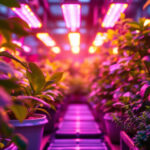 A photograph of a well-lit indoor garden or greenhouse showcasing various plants illuminated by vibrant led grow lights