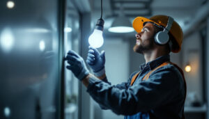 A photograph of a lighting contractor expertly installing the b-c32 light bulb in a modern setting