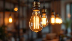 A photograph of a vintage light bulb installation in a stylish interior setting