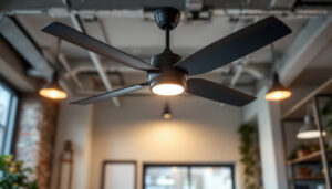 A photograph of a stylish industrial ceiling fan installed in a well-lit commercial space