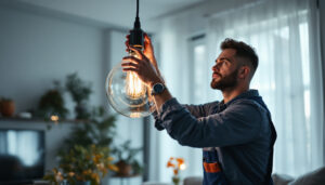 A photograph of a skilled lighting contractor efficiently installing an elegant hanging light fixture in a modern space
